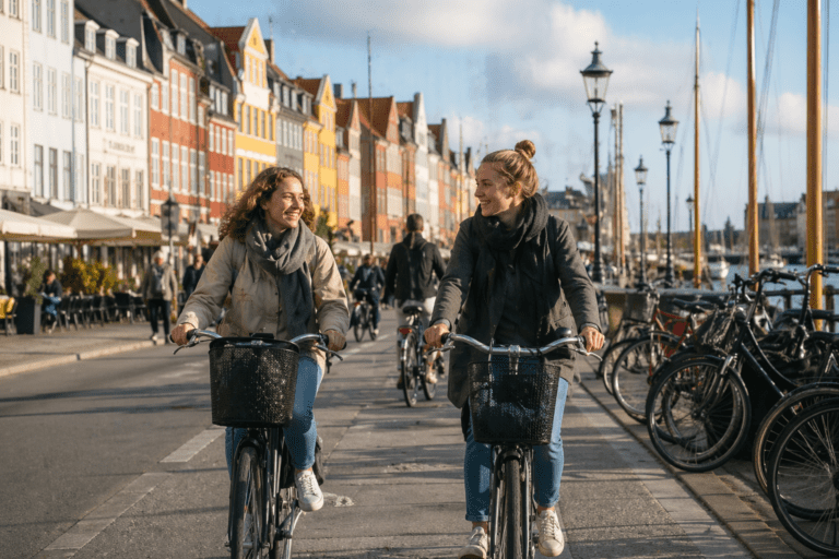 Zwei Studentinnen fahren Fahrrad in Kopenhagen entlang des Hafens im Alltag